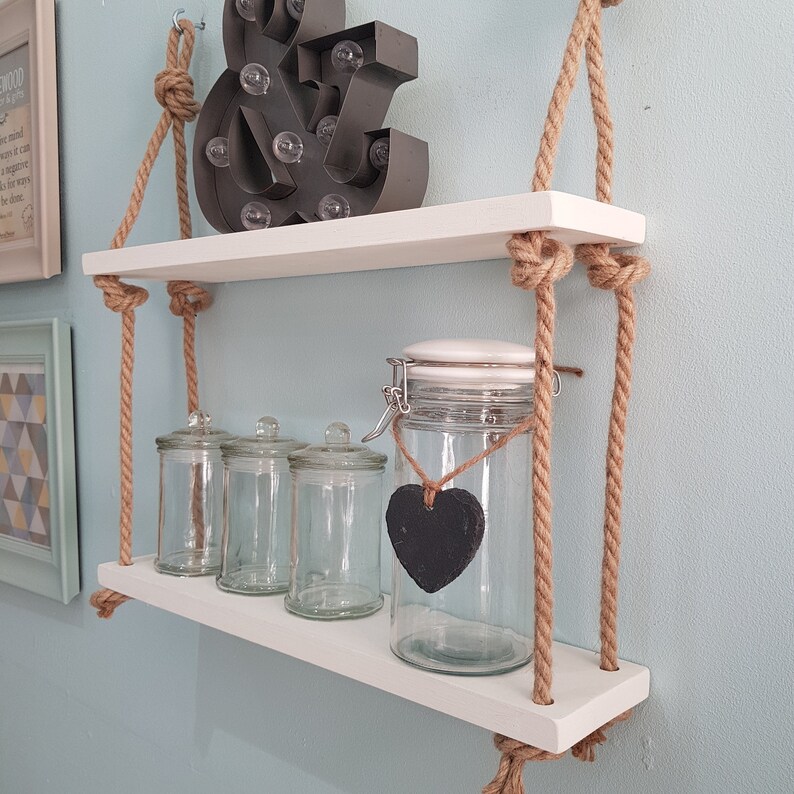 Rustic Solid Wood Floating Shelves Swing Rope Wall Hanging Etsy UK
