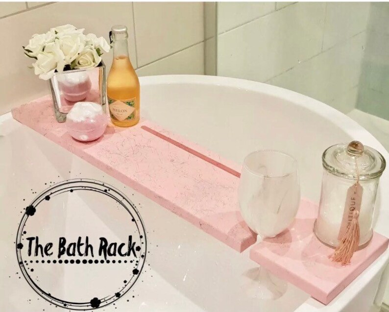 Marble Effect Pink Wooden Bath Rack With Tablet Slot And Wine Etsy