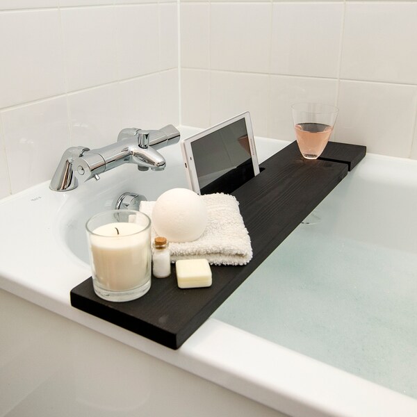 Black Solid Wooden Handmade Bath Tray BathTub Rack Bridge Caddy Wooden Bath Board Bath Rack