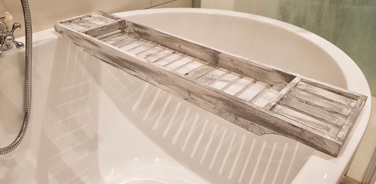 Wooden White Grey Bath Rack Bath Tray Storage Bath Caddy Bath Etsy