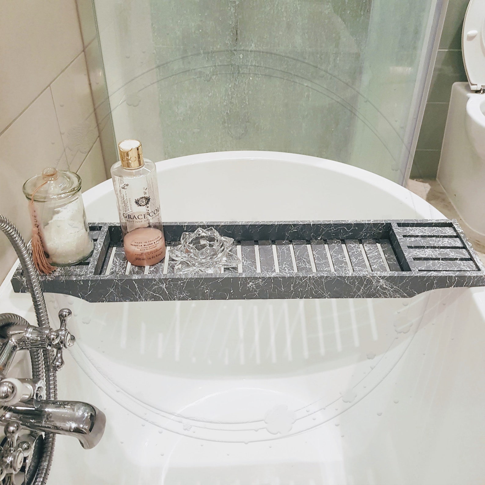 Grey Grid Abstract Marble Effect Bath Rack Caddy Bath Tray Etsy