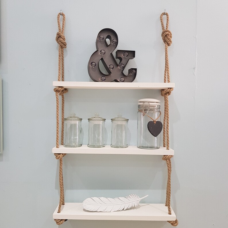 Rustic Solid Wood Floating Shelves Swing Rope Wall Hanging Shelf Storage Handmade In Uk