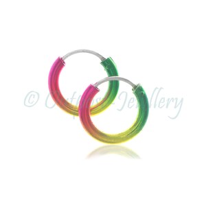 2mmx12mm Pink yellow & green small sterling silver mixed colour sleeper hoop earrings.  2.0mm tube with 12mm outer diameter. 0.6mm 22g pin