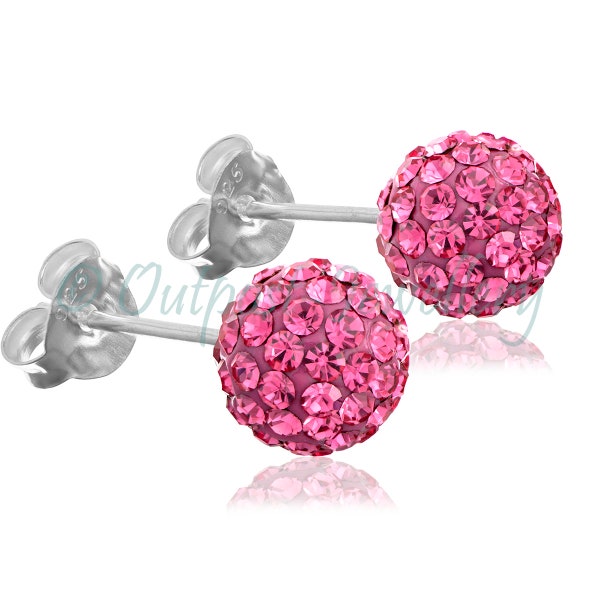 Rose Rose Shamballa Boucles d’oreilles Clous d’oreilles 6mm 8mm ou 10mm Ball Real Sterling Silver 925 Glittery Crystal Jewel Disco Ball Glitter Sparkly