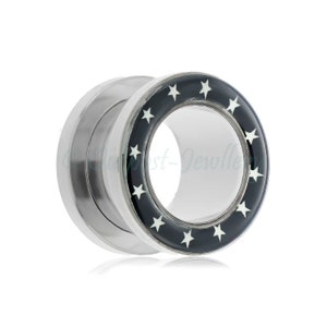 1x Black & white stars  print ear flesh tunnel screw fit back with picture rim surgical steel 316L size 4mm 5mm 6mm 8mm 10mm 12mm 14mm 16mm