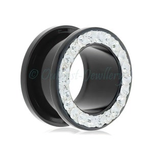 1 x schwarzer und klarer, mit Kristallsteinen besetzter Flesh-Tunnel aus Acryl mit Schraubverschluss für Ohren der Größe 4 mm, 5 mm, 6 mm, 8 mm, 10 mm, 12 mm, 14 mm, 16 mm, 18 mm, 20 mm, 22 mm, 24 mm