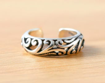 Anello per dita dei piedi in filigrana floreale, in vero argento sterling 925 massiccio, regolabile, aperto, midi, con punta aperta.
