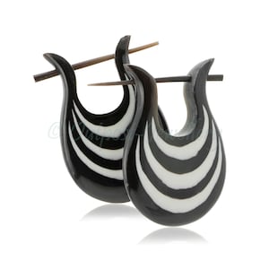 Bali horn striped drop hoop earrings stick pin hand made carved tribal boho