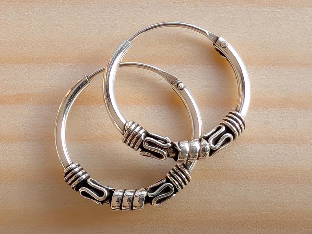 thumbnail image 2 of Solid 925 Sterling Silver Bali Style Sleeper Hoop Earrings – 18mm & 22mm Pair 2 of 2