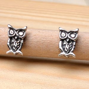 May include: A pair of silver owl stud earrings. Each earring has a detailed owl design with large eyes and textured feathers. The earrings are displayed on a wooden dowel against a light wood background.