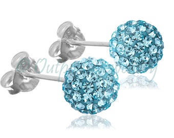 Aquamarine Shamballa Earrings Ear Studs 6mm 8mm or 10mm Ball Real Sterling Silver 925 Crystal Disco Ball Glitter Sparkly