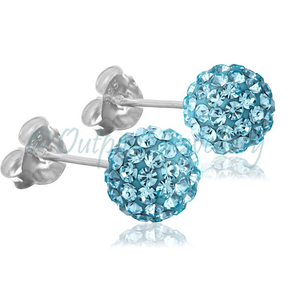 Aigue-marine Shamballa Boucles d’oreilles Clous d’oreilles 6mm 8mm ou 10mm Ball Real Sterling Silver 925 Crystal Disco Ball Glitter Sparkly