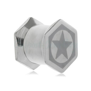 Peut inclure: Un bouchon d'oreille argenté de forme hexagonale. Une extrémité présente une étoile dans un hexagone, l'autre est lisse et polie. Le bouchon est conçu pour les piercings d'oreille étirés.