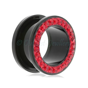 1 x Black & bright red jewelled acrylic flesh tunnel screw fit back for ears size 4mm 5mm 6mm 8mm 10mm 12mm 14mm 16mm 18mm 20mm 22mm 24mm