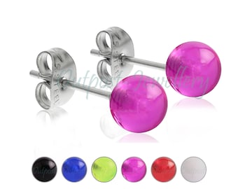 Pair of 6mm round ball ear stud earrings colour gift for girl boy kids men surgical steel posts with fixed balls