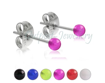 Pair of 3mm round ball ear stud earrings colour gift for girl boy kids men surgical steel posts with fixed balls