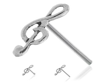Tiny musical note treble clef nose stud bone Real sterling silver 925 Straight Bend to fit or ball end 22 Gauge 22g 0.6mm thick post