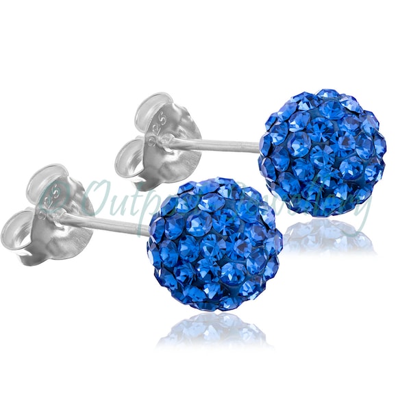 Sapphire Blue Shamballa Earrings Ear Studs 6mm 8mm or 10mm Ball Real Sterling Silver 925 Glittery Crystal Jewel Disco Ball Glitter Sparkly