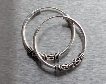 Style 20 - Pair of 925 sterling silver Bali hoop earrings sleepers hippy festival boho design in diameter size 12mm,14mm,18mm,25mm,55mm,60mm