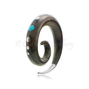 1 x Tapón para oídos en espiral de madera con punta de plata de ley y piercing para el cuerpo con forma cónica de puntos, 4 mm, 5 mm, 6 mm, 8 mm, 10 mm, 6G, 4G, 2G, 0G, 00G (una sola pieza)