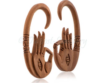 Wood ear spiral hanger plug gauge carved buddha mudra hand for stretched lobe