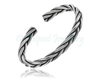 Thin rope plait toe ring real solid 925 sterling silver adjustable open midi top finger toering