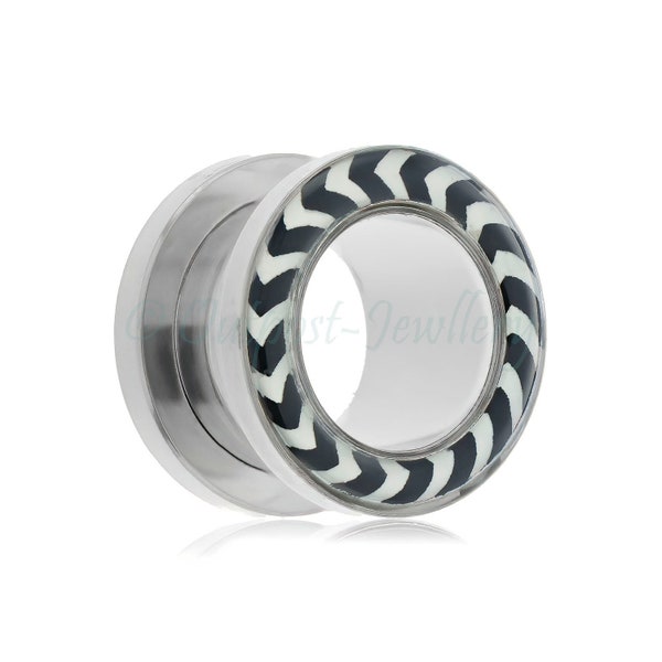 1 x Chevron  print ear  flesh tunnel screw fit back with picture rim surgical steel 316L size 3mm 4mm 5mm 6mm 8mm 10mm 12mm 14mm 16mm