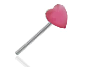 Tiny pink love heart painted symbol straight nose stud bone Real sterling silver 925 Straight Bend to fit 22 Gauge 22g 0.6mm thin post stem