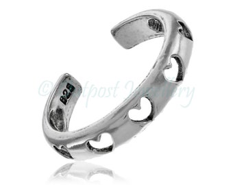 Open heart toe ring real solid 925 sterling silver adjustable cut out open midi top finger toering