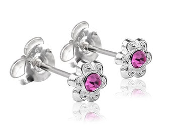 Paire de jolis clous d'oreilles en forme de fleur rose, en argent sterling 925 véritable, bijou en cristal pour cadeau