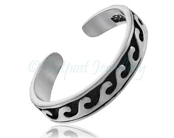 Bague d'orteil vague de surf hippie en argent sterling 925 véritable, ouverte midi réglable, style vacances vacances