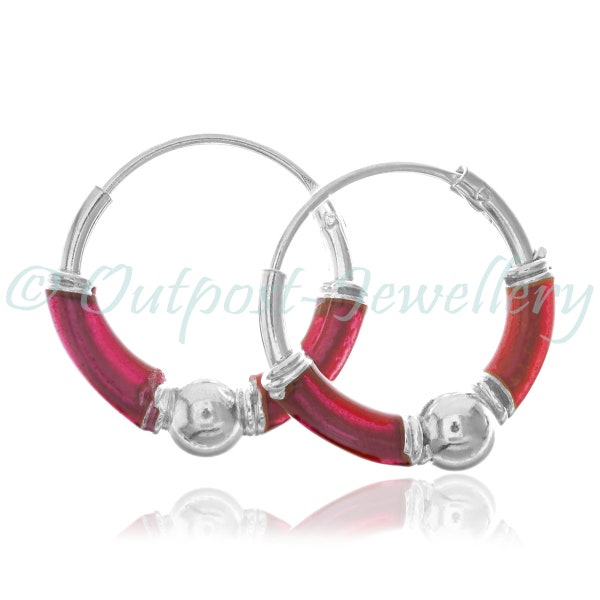 Sterling silver sleeper hoops, Burgundy red earrings, tribal ethnic sleepers ear stud 1.5mm x 12mm tube diameter ear jewellery