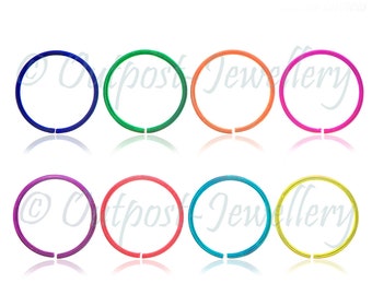 Colour over sterling silver split nose ring hoop, 10mm, Pink Blue Purple Green Red Orange Turquoise Yellow, very small & thin.