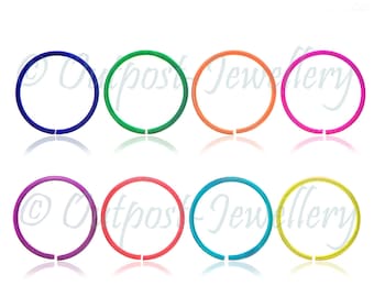 Colour over sterling silver split nose ring hoop, 10mm, Pink Blue Purple Green Red Orange Turquoise Yellow, very small & thin.