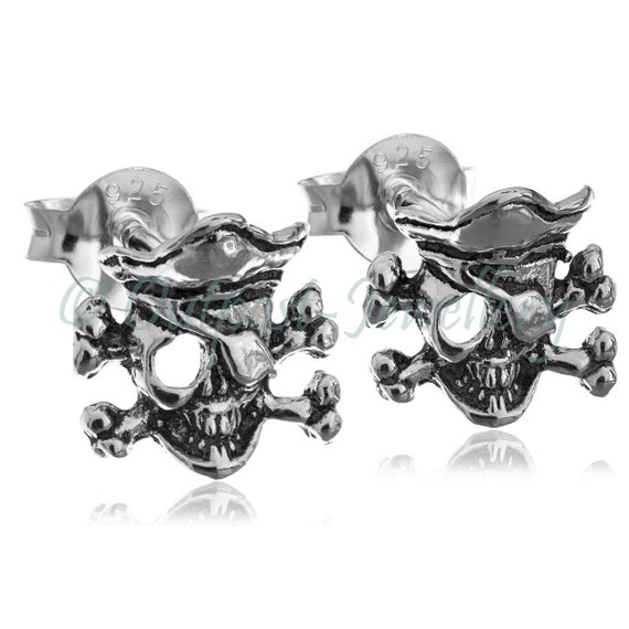Vintage Sword Cross Pirate Stud Earrings - 925 Sterling Silver Skull Warrior Earrings For Men | LINSION Jewelry