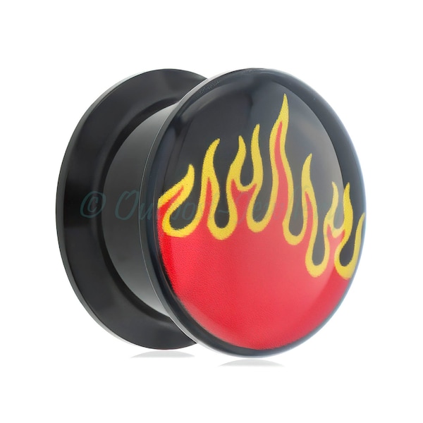 1 x Black box ear plug with flames picture logo, acrylic flesh tunnel screw fit back sizes 6mm 8mm 10mm 12mm 14mm 16mm 18mm 20mm 22mm 24mm