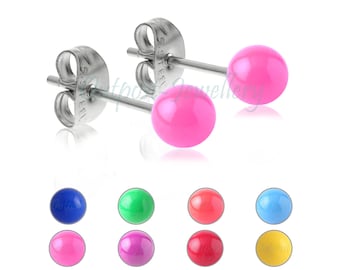 Pair of bright neon ball ear stud earrings surgical steel for kitsch punk goth emo retro 80's style boys and girls - choose ball sizes