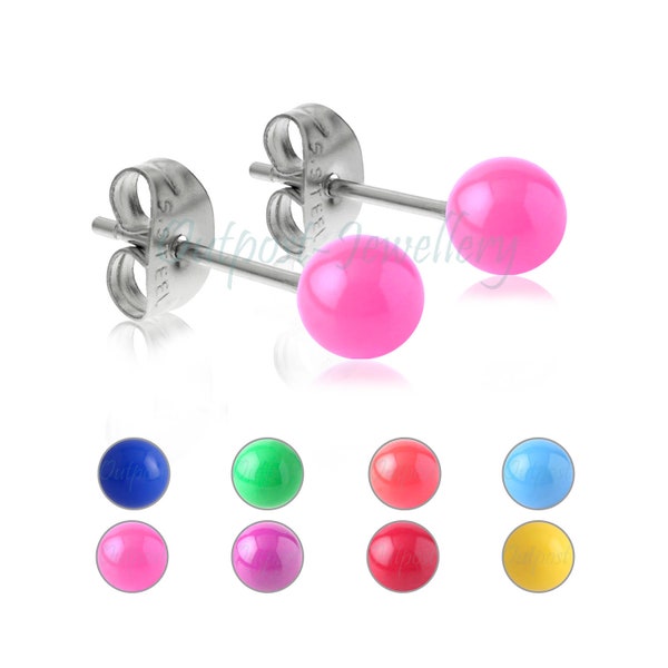 Pair of bright neon ball ear stud earrings surgical steel for kitsch punk goth emo retro 80's style boys and girls - choose ball sizes