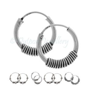 Pair of bali hoop earrings solid 925 sterling silver small hippy ethnic men boys