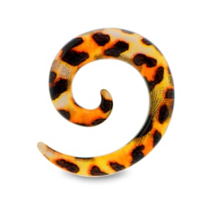 May include: A spiral-shaped ear gauge with a leopard print design. The gauge features a yellow, orange, and black pattern. The jewelry is designed to stretch the earlobe. The gauge is shown against a white background.