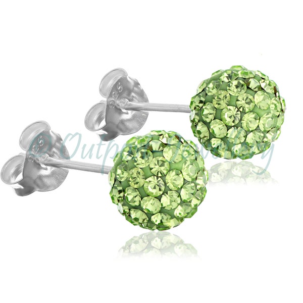 Boucles d’oreilles Green Shamballa Ear Studs 6mm 8mm ou 10mm Ball Real Sterling Silver 925 Glittery Crystal Jewel Disco Ball Glitter Sparkly