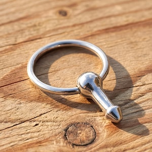 May include: A shiny, silver-colored metal ring with a cylindrical extension. The ring is connected to a rounded bulbous shape, which then tapers into a smaller, rounded tip. The object is resting on a wooden surface.