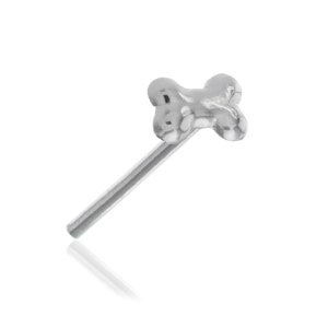 Può includere: Un piercing al naso color argento con un piccolo design a forma di osso strutturato. Il piercing ha un perno dritto per l'inserimento. Il ciondolo a forma di osso è un accessorio unico e minimalista, su sfondo bianco.