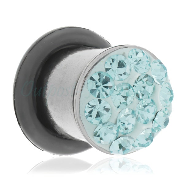 1 x Aqua Blue Jewel Surgical Steel Flesh Tunnel Plug Crystal Flared Jewelled Ear Gauge with O-Ring 3mm Sizes 4mm 5mm 6mm 8mm 10mm 12mm