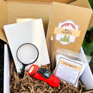 May include: A field notes kit in a cardboard box, containing a notebook with "Alice's Field Notes" label, a magnifying glass, a red flashlight with a compass, a pencil, and a fossil making kit. The box is filled with brown paper.