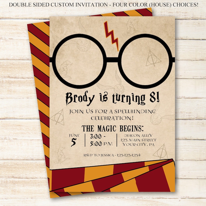 May include: A Harry Potter themed birthday invitation for an 8 year old. The invitation features a pair of round glasses, a lightning bolt, and the text "Brody is turning 8!" The invitation also includes details about the party, including the date, time, and location.