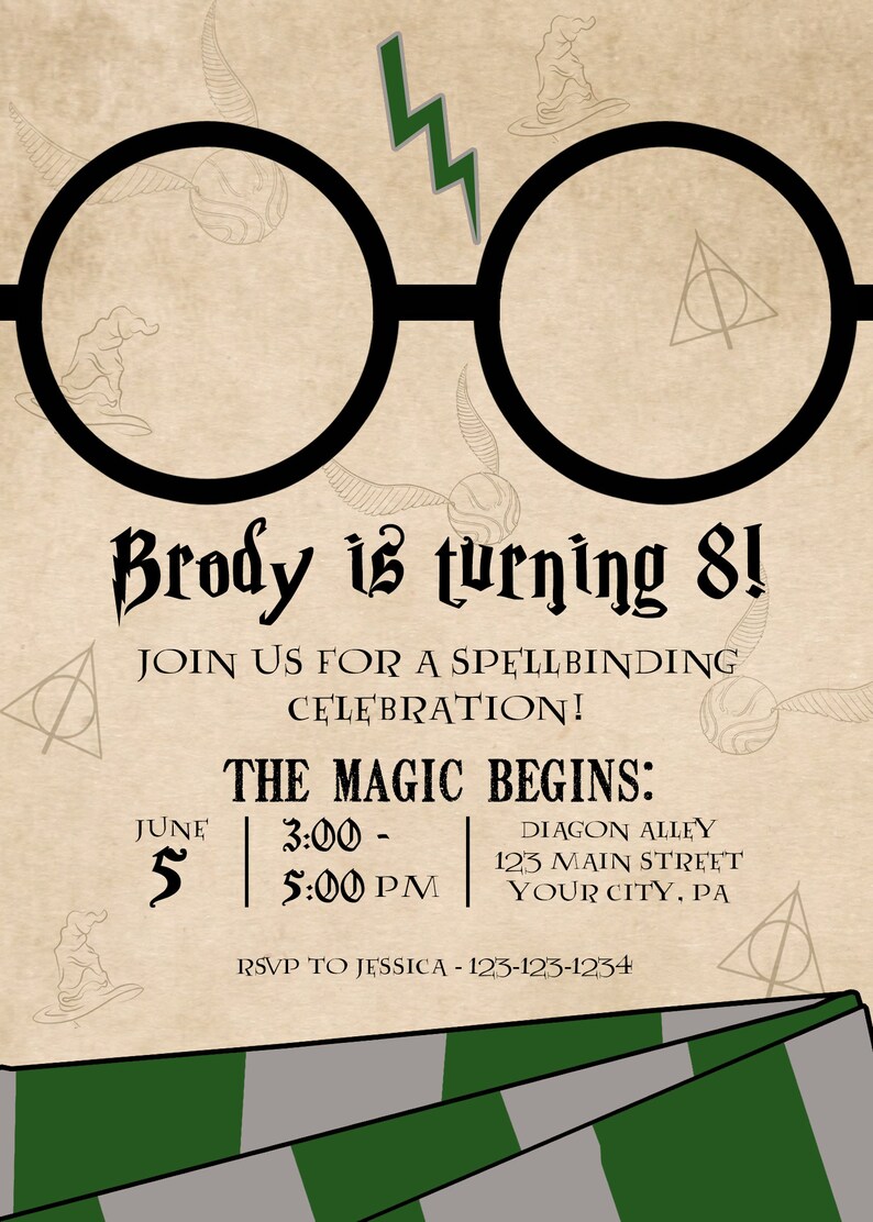 May include: A Harry Potter themed birthday party invitation with a pair of round glasses, a lightning bolt, and the text "Brody is turning 8!"  Join us for a spellbinding celebration! The magic begins: June 5, 3:00 - 5:00 PM, Diagon Alley, 123 Main Street, Your City, PA. RSVP to Jessica - 123-123-1234.