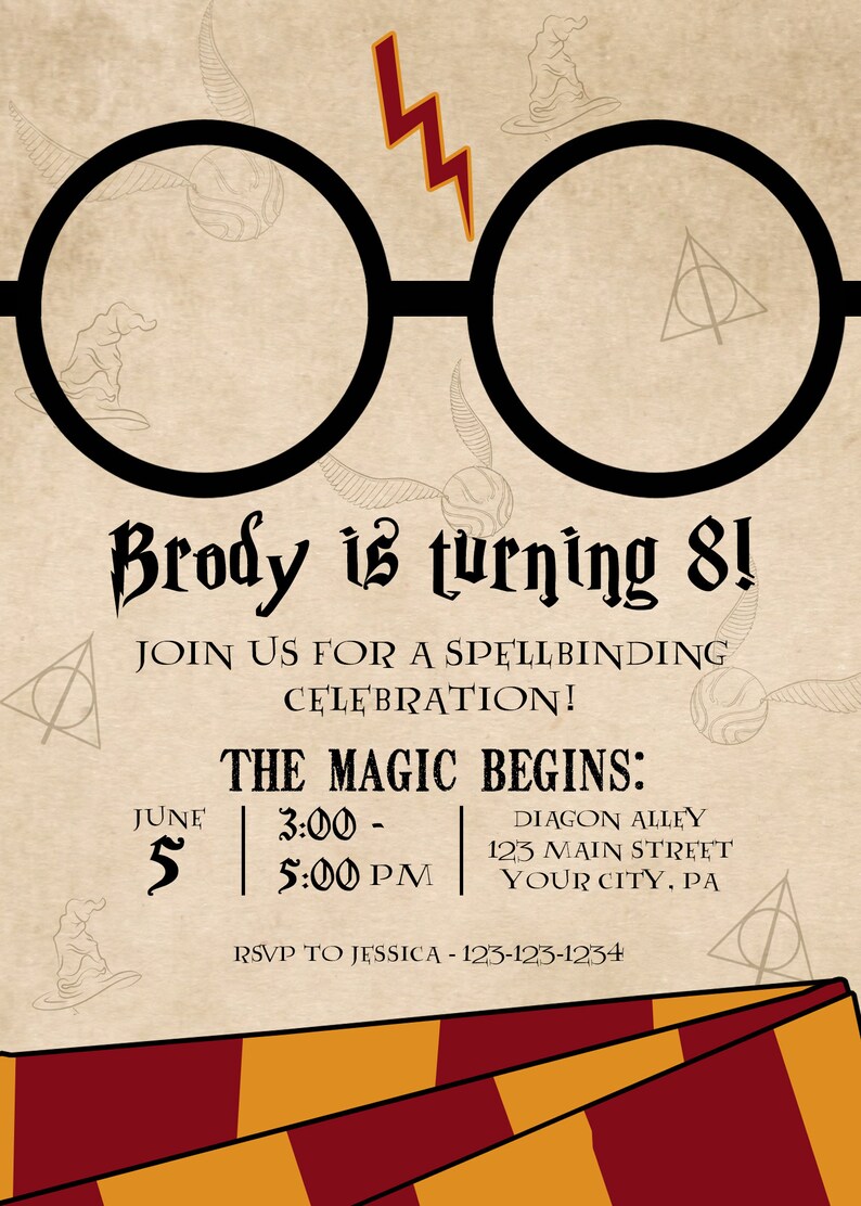 May include: A Harry Potter themed birthday party invitation with a pair of black glasses, a lightning bolt, and the text "Brody is turning 8!"  Join us for a spellbinding celebration! The magic begins: June 5, 3:00 - 5:00 PM, Diagon Alley, 123 Main Street, Your City, PA. RSVP to Jessica - 123-123-1234.