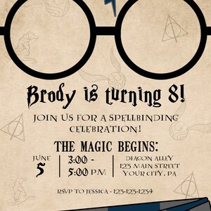 May include: A Harry Potter themed birthday party invitation with a pair of round black glasses, a lightning bolt, and a Hogwarts crest. The invitation reads "Brody is turning 8!" and includes the date, time, and location of the party. RSVP information is also included.
