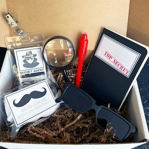 May include: A spy-themed gift box containing a magnifying glass, black sunglasses, a red pen, a notebook labeled "TOP SECRET", a "SECRET AGENT" ID, and a fake mustache labeled "INVISI-STACHE". The items are arranged in a cardboard box with shredded paper.